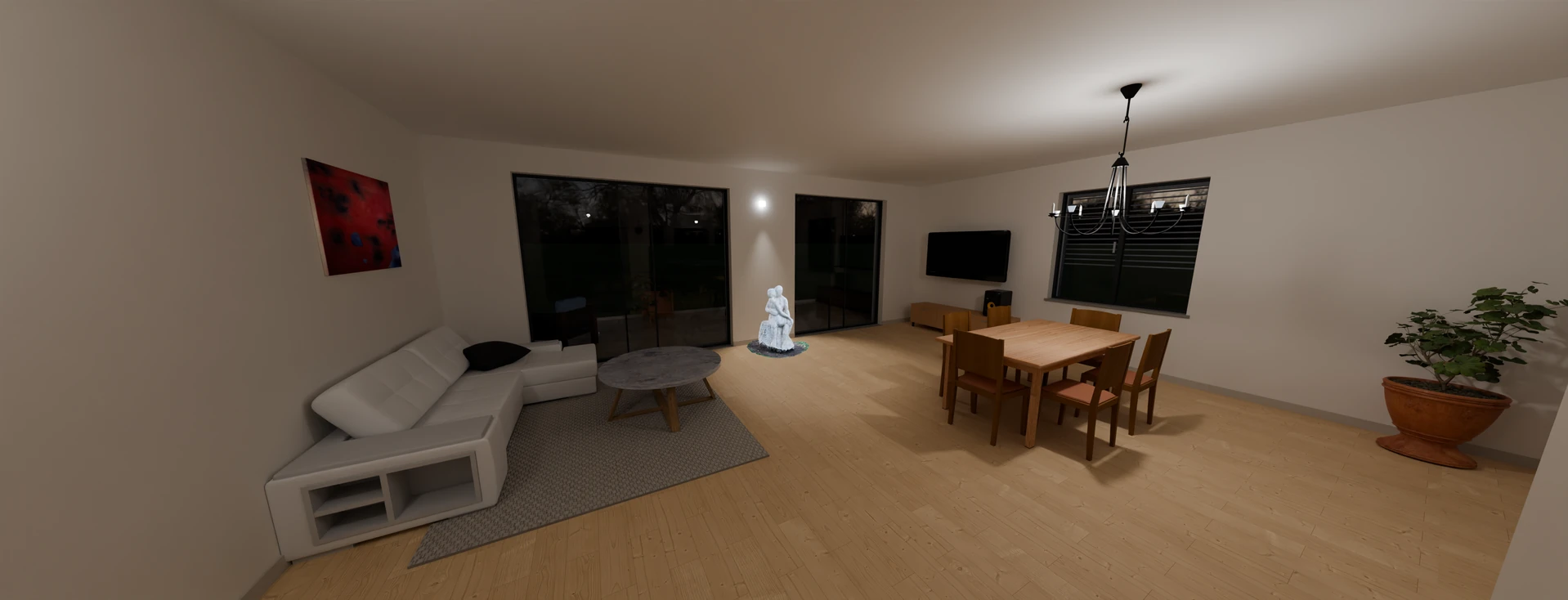 Lo stesso punto di vista in render realistico a mezzanotte: le lampade accese illuminano la stanza con luce calda, ombre morbide sotto il tavolo e fuori dalle finestre il buio.